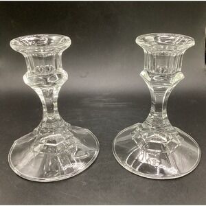 Vtg 4" Crystal Taper Candle Stick Holders Set of 2 Clear Glass Collectible Decor